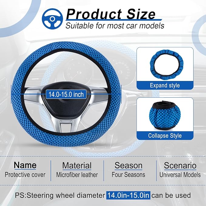 Alpmosn Elastic Stretch Steering Wheel Cover, Universal Interior Accessories Steering Wheel Cover for Women & Men, Breathable Microfiber Ice Silk, Anti-Slip, Odorless, Easy Carry(Blue)