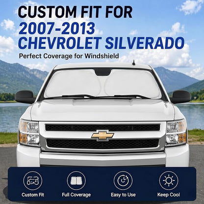 for 2007-2013 Chevy/Chevrolet Silverado 1500 Windshield Sun Shade - Front Foldable Windshield Sunshade Cover Custom Fit Silverado 1500 Accessories Sun Visor Protector Blocks UV Rays