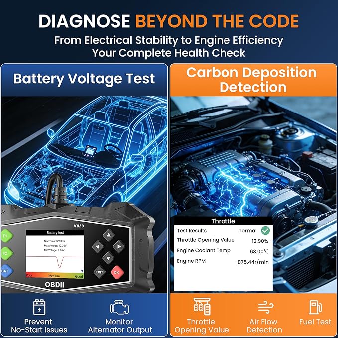 OBD2 Scanner Diagnostic Tool, Code Reader for Check Engine Light with Battery Test, EVAP System(Mode 8), O2 Sensor & I/M Readiness, Automotive Engine Fault Scanner for All OBDII Protocol Cars