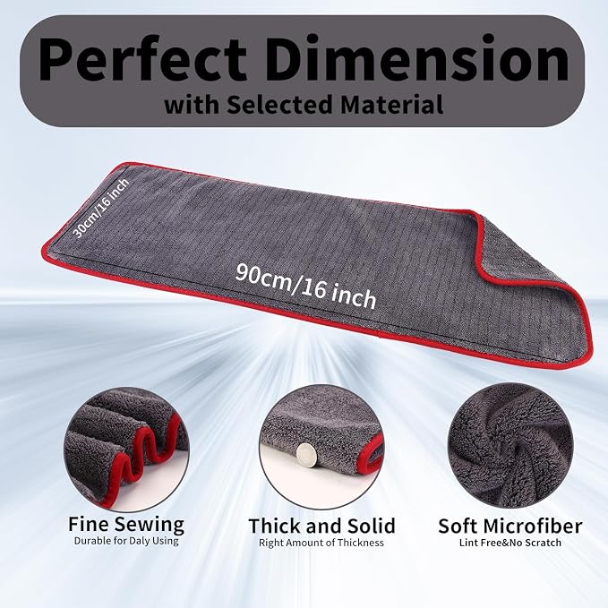 2-Pack 1200 GSM Car Drying Towels – Microfiber Towels for Cars (36" x 12"), Ultra-Absorbent, Streak-Free, Scratch-Free, No Water Spots, Double-Coral Fleece Microfiber & Gray & Red Hemmed Edges