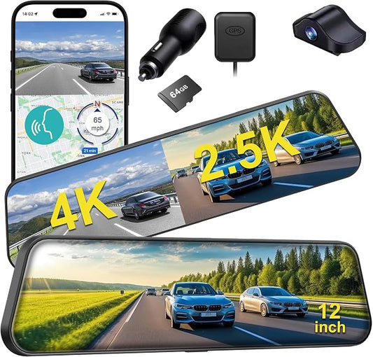 12'' 4K Rear View Mirror Camera,4K+2.5k Front and Rear Mirror Dash Cam,ADAS BSD LCA Smart Rearview Mirror for Cars,App WiFi,Night Vision, Parking Monitor, 64GB Card & GPS Digital View Mirror Dashcam