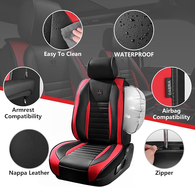 CAR PASS Nappa Leather Car Seat Covers Full Set, Luxury Seat Protector for Cars, Waterproof Anti-Slip Seat Cushion Armrest Compatible Airbag Universal for Sedan SUV Pick-up Truck Auto, Black Red