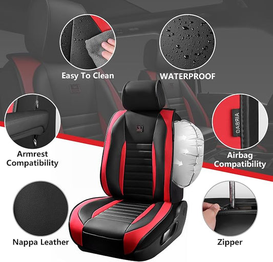 CAR PASS Nappa Leather Car Seat Covers Full Set, Luxury Seat Protector for Cars, Waterproof Anti-Slip Seat Cushion Armrest Compatible Airbag Universal for Sedan SUV Pick-up Truck Auto, Black Red