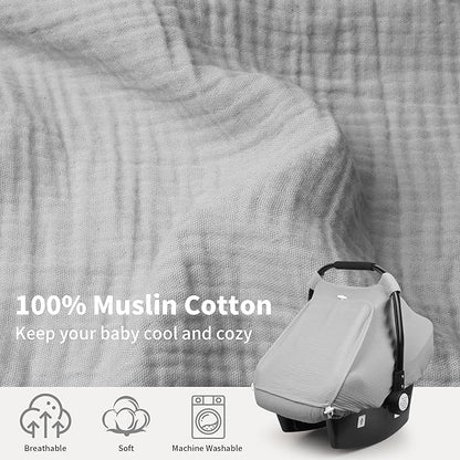 Rquite Car Seat Cover Baby, Carseat Covers Girl Boy, Breathable Muslin Cotton, Large Mesh Window, Infant Car Seat Canopy Baby Carrier Cover Stroller Sun Shade for Summer & Hot Day, Grey