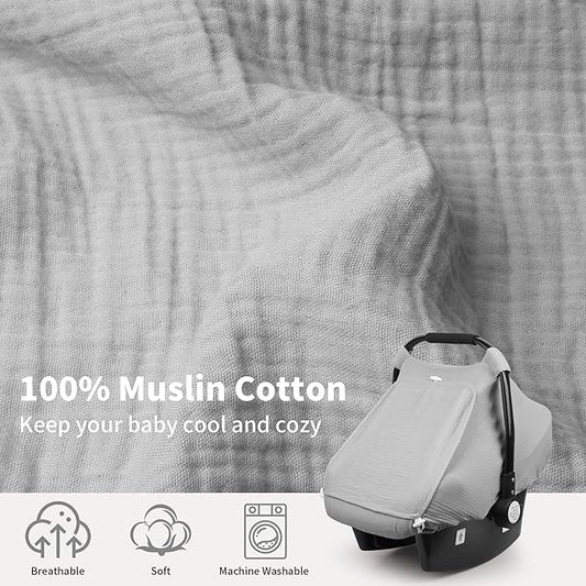 Rquite Car Seat Cover Baby, Carseat Covers Girl Boy, Breathable Muslin Cotton, Large Mesh Window, Infant Car Seat Canopy Baby Carrier Cover Stroller Sun Shade for Summer & Hot Day, Grey