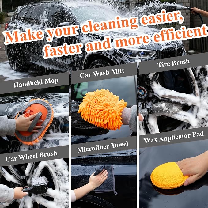 21Pcs Car Wash Kit with 60" Heavy-Duty Extension Pole, Soft Car Wash Brush, Wheel & Tire Brush, Scratch-Free Car Mop Mitt & Window Squeegee, Detailing Tool for Car Exterior & Interior Cleaning