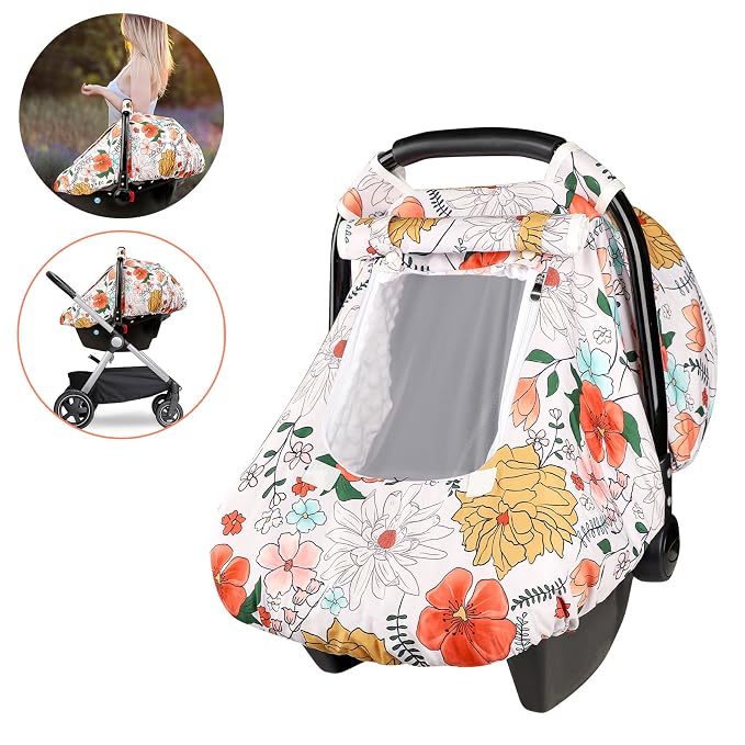 Baby Carseat Cover Girls, Pea Pod Infant Car Seat Covers Canopy for Newborn with 2 Layers Windows of Breathable Mesh/Fabric, Lightweight Polyester/Minky Dot Backing, Snug Fit Most Baby Car Seat