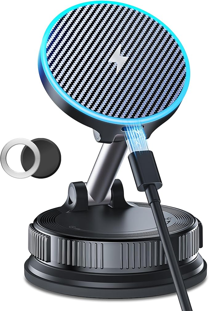 15W MagSafe Car Mount Charger, Magnetic Wireless Car Charger with Vacuum Suction Cup & Nano Adhesive Base, 360° Rotatable Strong Hold Car Phone Mount for iPhone 17 16 15 14 13 12 Series, Samsung S26