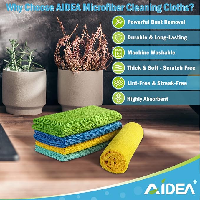 AIDEA Microfiber Cleaning Cloth, 800PK, Soft Absorbent Rags, Microfiber Towels for Cars, Kitchen Towels, Dusting Cloth for Home, Window, Cleaning Supplies, 12"×12"
