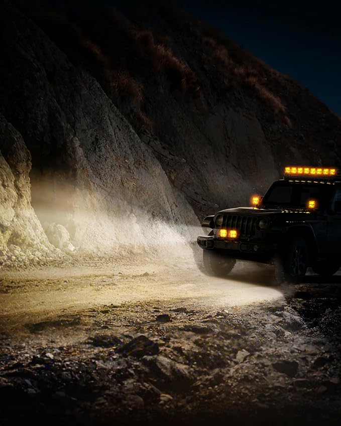 SPL 4" Off Road Lights with Amber Covers, 90W 12000LM LED Pod Lights with Amber DRL & Hi/Lo Beam, Auxiliary Driving Light Led Cube with DT Wiring Harness for Trucks Jeep Pickup SUV ATV UTV, 2PCS