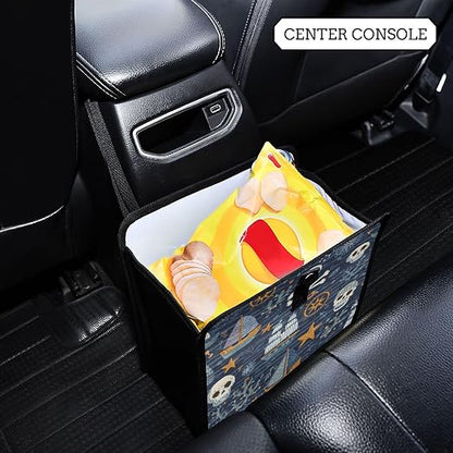 Car Trash Can Organizer Bin with Adjustable Strap for Back Front Seat Console Waterproof Leakproof Collapsible Portable 8.66 Inch Blue Pirate Skulls Sailboats Starfish and Compass