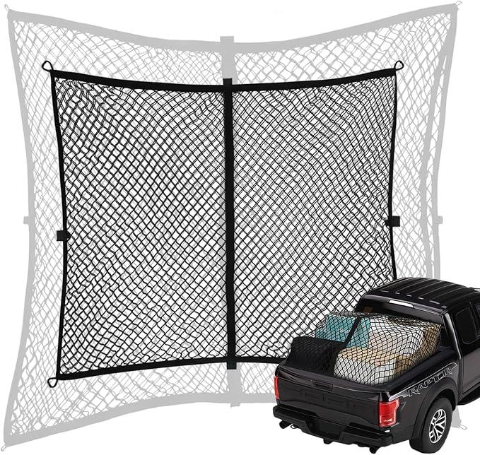 Double Layer Cargo Net for Truck Bed - for SUV/Truck/Pickup, 4'x4' Stretches to 7'x7' Highly Elastic Cargo Net - Trunk Organizer with 8 Hooks & Anti-Slip Clips - Universal Vehicle Storage Net