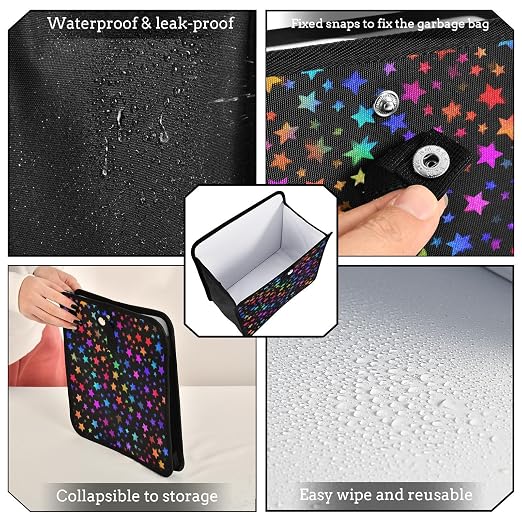 Car Trash Can Organizer Bin with Adjustable Strap for Back Front Seat Console Waterproof Leakproof Collapsible Portable 8.66 Inch Vibrant Rainbow Stars