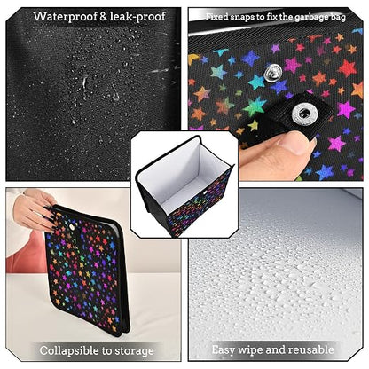 Car Trash Can Organizer Bin with Adjustable Strap for Back Front Seat Console Waterproof Leakproof Collapsible Portable 8.66 Inch Vibrant Rainbow Stars