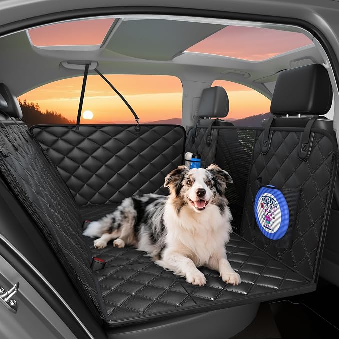 Dog Car Seat Cover for Back Seat, Hard Bottom Back Seat Extender for Dogs - Supports 400lbs, Scratch Resistant, Anti Slip Portable Dog Hammock, Suitable for F150, SUVs and Trucks Black
