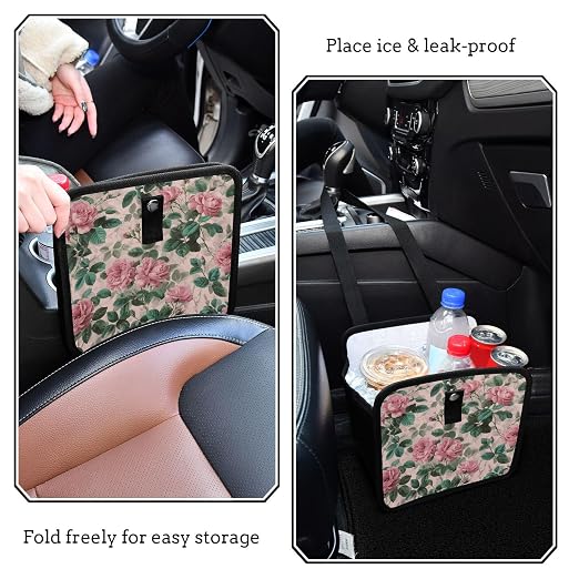 Car Trash Can Organizer Bin with Adjustable Strap for Back Front Seat Console Waterproof Leakproof Collapsible Portable 8.66 Inch Pink Vintage Roses with Leaves