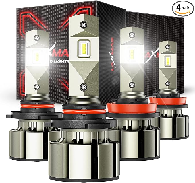 Laxmas 9005 H11 LED Bulbs Combo Kit, 6X 18,000LM Ultra Brightness, 6500K Cool White, 9005/HB3 H8/H9 Super Bright Bulbs, Bulb with 20000RPM Cooling Fan, 50000+ Hours Lifespan, Plug and Play, Pack of 4