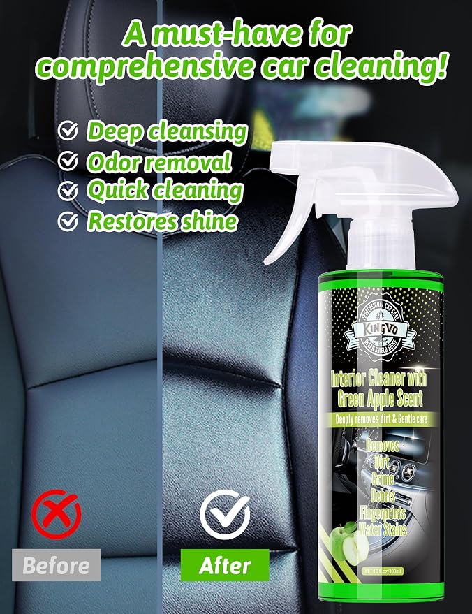 Kingvo Interior Car Cleaner, Car Seat Cleaner Cleaning Kit Carpet Shiny Stuff Deep Cleans Rubber Floor Mat Truck,Green Apple Scent