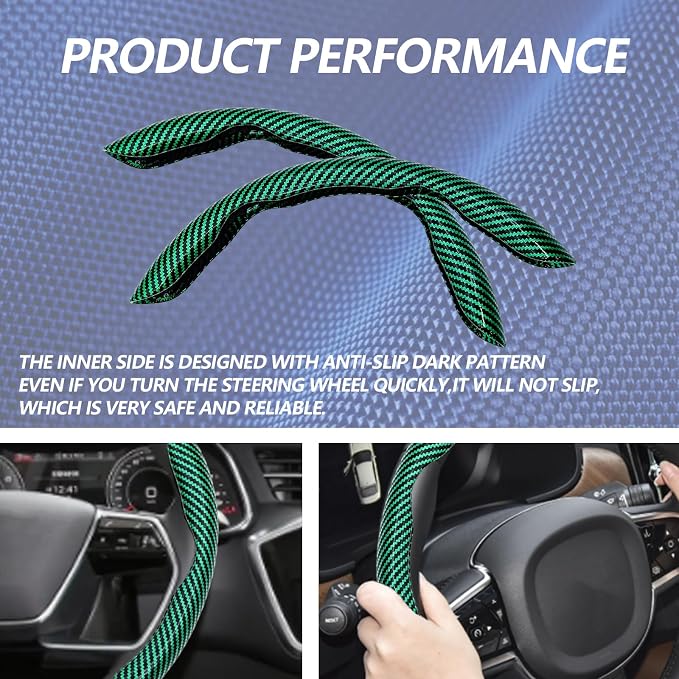 2pcs Universal Fit Carbon Fiber Steering Wheel Cover, Anti-Skid Steering Wheel Cover/Segmented Steering Wheel Protector/Car Interior Accessories (Bright Green)