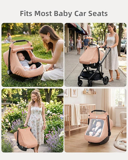 Rquite Car Seat Cover Baby Girl Boy, 100% Muslin Cotton Carseat Covers, Breathable Infant Windproof Canopy with Mesh Window, Stroller Sun Shade for Summer & Hot Day, Dusty Rose
