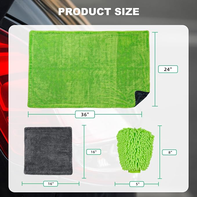BRUSH FAMILY 3 Pack Car Microfiber Towels with Car Wash Mitt, 1200 GSM 35”x24”& 16"x16" Microfiber Car Drying Towels Ultra-Absorbent, Streak Free, Premium Double Twisted-Loop Cleaning Cloth