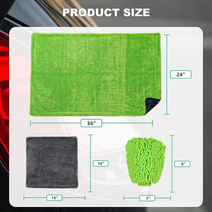 BRUSH FAMILY 3 Pack Car Microfiber Towels with Car Wash Mitt, 1200 GSM 35”x24”& 16"x16" Microfiber Car Drying Towels Ultra-Absorbent, Streak Free, Premium Double Twisted-Loop Cleaning Cloth