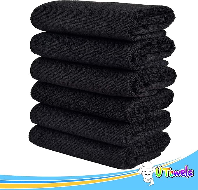 Cleaning Towel Wash-Cloth - Large 27" x 16" Microfiber Rags - Highly Absorbent, Lint Free Streak Free for House, Kitchen, Car, Window Detailing Reusable Shop Towels (6-Pack, Black)
