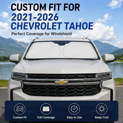 Car Sun Shade for 2021-2025 2026 Chevrolet Tahoe Accessories Windshield Sunshade Cover Front Window Shade Custom Fit Tahoe Sun Visor Protector Foldable Blocks UV Rays