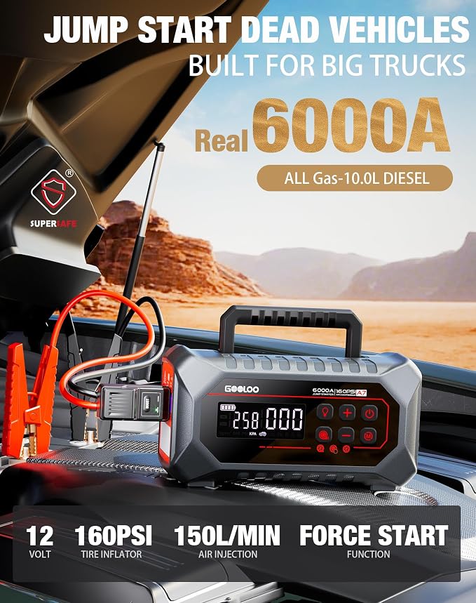 GOOLOO A7 Jump Starter with Air Compressor, 6000A &160PSI 12V Car Battery Jumper Starter Portable Booster Pack, Supersafe Jump Box (All Gas & 10L Disel) with Tire Inflator & Air Pump(Inflate& Deflate)