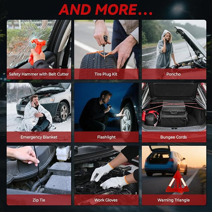 Car Emergency Safety Kit Bag with Portable Air Compressor, Jumper Cables,First Aid Kit, Winter Vehicle Roadside Emergency Kit with Snow Brush and Ice Scraper, for Women, Men, Teen