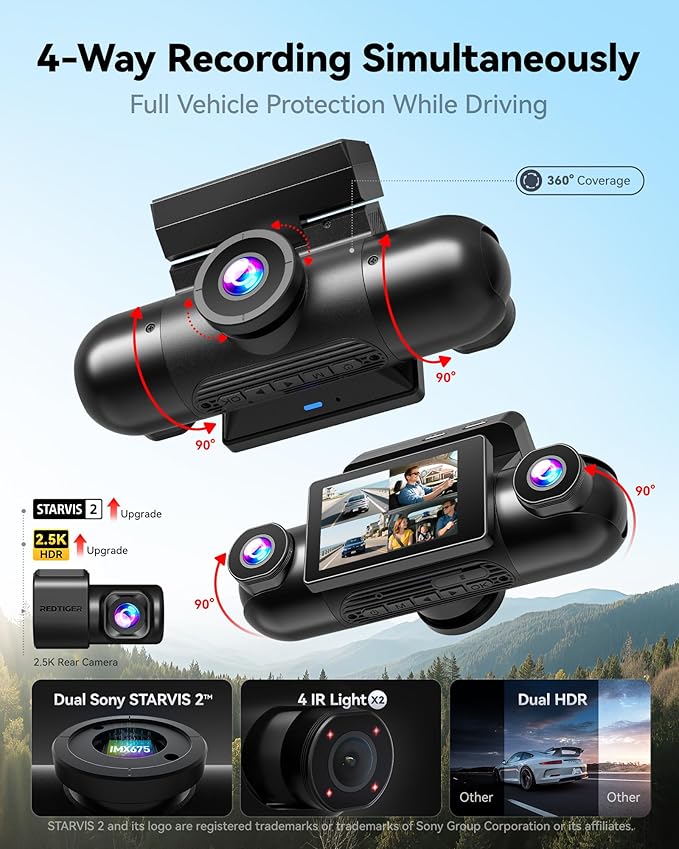 REDTIGER VP40 4 Channel 360° View Dash Cam, Dual STARVIS 2, 2.5K*2+1080P*2 Dashcam Front and Rear Inside Left Right, 5.8GHz WiFi, 8 IR Lights Night Vision, 4 Adjustable Lenses (No Card Included)