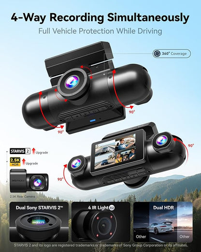 REDTIGER VP40 4 Channel 360° View Dash Cam, Dual STARVIS 2, 2.5K*2+1080P*2 Dashcam Front and Rear Inside Left Right, 5.8GHz WiFi, 8 IR Lights Night Vision, 4 Adjustable Lenses (No Card Included)
