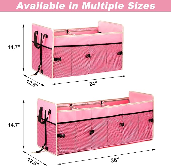Car Trunk Organizer with Individual Cooler Bag - 2 Compartment Collapsible Car Storage for SUV (Pink)