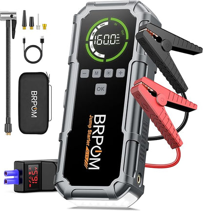 Jump Starter with Air Compressor, BRPOM 8000A Portable Car Jump Starter (All Petrol/12L Diesel), 160PSI 12V Battery Jump Starter Power Pack with Jump Clamps, LCD Screen, 600 Lumens Emergency Light