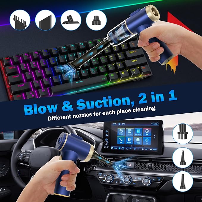 Handheld Car Vacuum Cleaner, 2-in-1 Portable Mini Car Vacuum Cleaner,21000Pa High Power & Air Duster, Handheld Vacuum Cordless with LED Light and Multi-Nozzles for Car,Home,Office,Pet