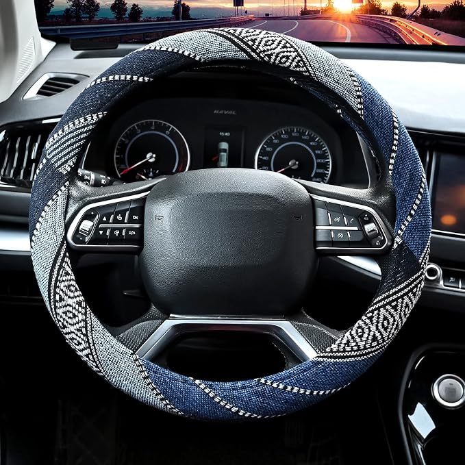 Valleycomfy Cloth Steering Wheel Covers for Women Bohemian Universal 15 inch Baja Blanket Enthic Blue