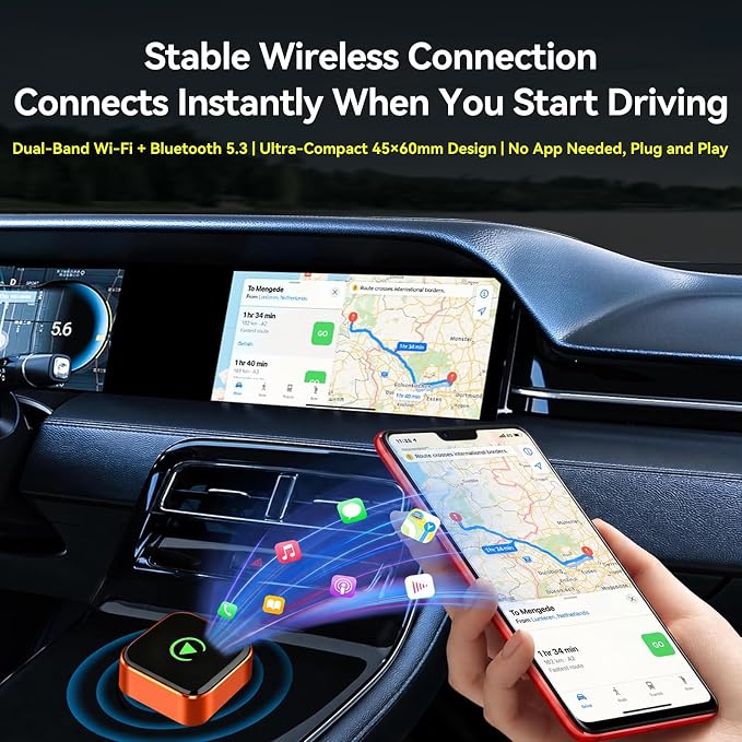 2026 Wireless CarPlay Adapter for iPhone & Android Auto,Mini Wired to Wireless Apple CarPlay Adapter,Plug & Play,Seamless Reconnection, Compatible for iPhone iOS 10+ Android 11+(Orange)