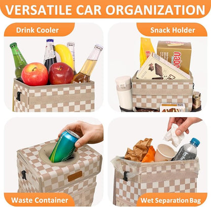 Vankor Car Trash Can Bin with Lid Hanging for Back Seat, Car Accessories for Women Men Leak Proof Automotive Garbage Cans Leakproof Vehicle Trash Can for Truck SUV,Khaki Checkered