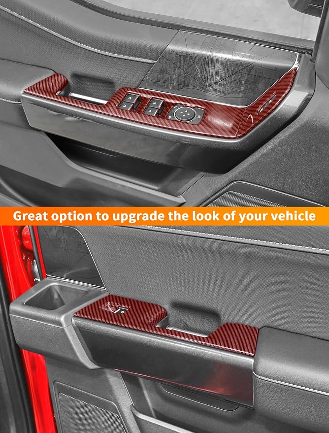 Savadicar Red Carbon Fiber Interior Accessories - Door Window Button Panel Trim Cover for Ford F150 (2021-present) - Premium Texture Interior Decor Upgrade Kit, 4-Piece Set