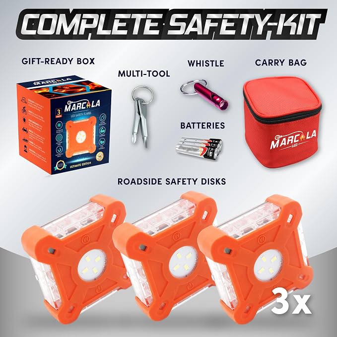 MARCALA Emergency Lights for Vehicles 3-Pack | LED Road Flares | Flares Emergency Road | LED Emergency Flares Include Batteries, Case, Whistle and are Stronger, Brighter & Better than round LED Flares