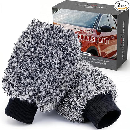 TAKAVU Car Wash Mitt Scratch Free, 2 Pack Microfiber Wash Mitts for Auto Detailing, Soft Lint Free Cleaning Gloves, Holds Sudsy Water, Machine Washable (Black & White)