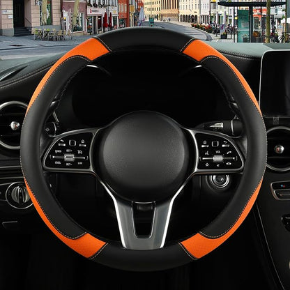 Microfiber Leather Steering Wheel Cover Large for Ford F150 F250 F350 RAM 4Runner Tacoma Tundra Range Rover Model X Model S, Breathable, Anti Slip, 15.5 inch to 16 inch, Black with Orange