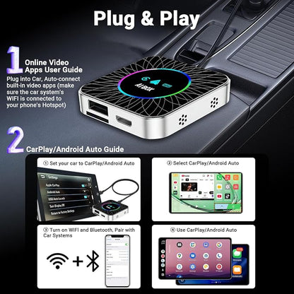 AI Box Carplay, 4+32GB Car Video Box for Netflix/YouTube/TikTok/TF Card & HDMI Output Streaming Magic AI Box Wireless CarPlay Adapter with Ambient Light, Fits for OEM Wired Car Play Cars