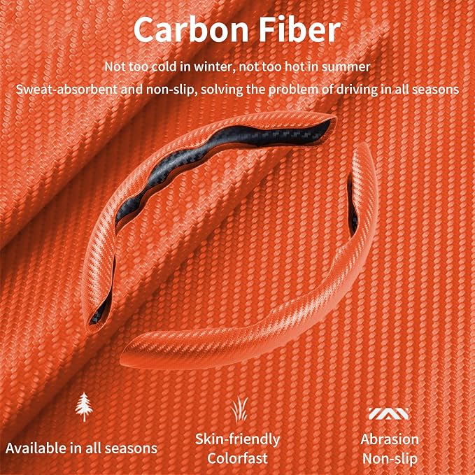 Carbon Fiber Steering Wheel Cover, 2-Piece Set Anti-Skid Comfortable Grip Segmented Butterfly Design, Easy Snap-On Installation Universal Fit 99% Cars, Orange