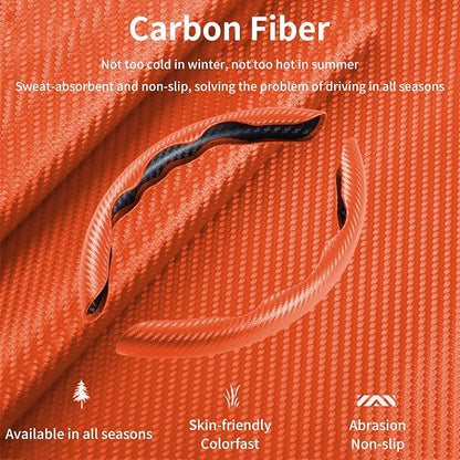 Carbon Fiber Steering Wheel Cover, 2-Piece Set Anti-Skid Comfortable Grip Segmented Butterfly Design, Easy Snap-On Installation Universal Fit 99% Cars, Orange
