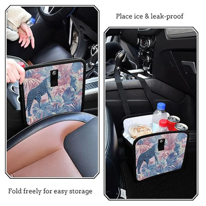 Car Trash Can Organizer Bin with Adjustable Strap for Back Front Seat Console Waterproof Leakproof Collapsible Portable 8.66 Inch Cute Cheetah and Palm Leaves