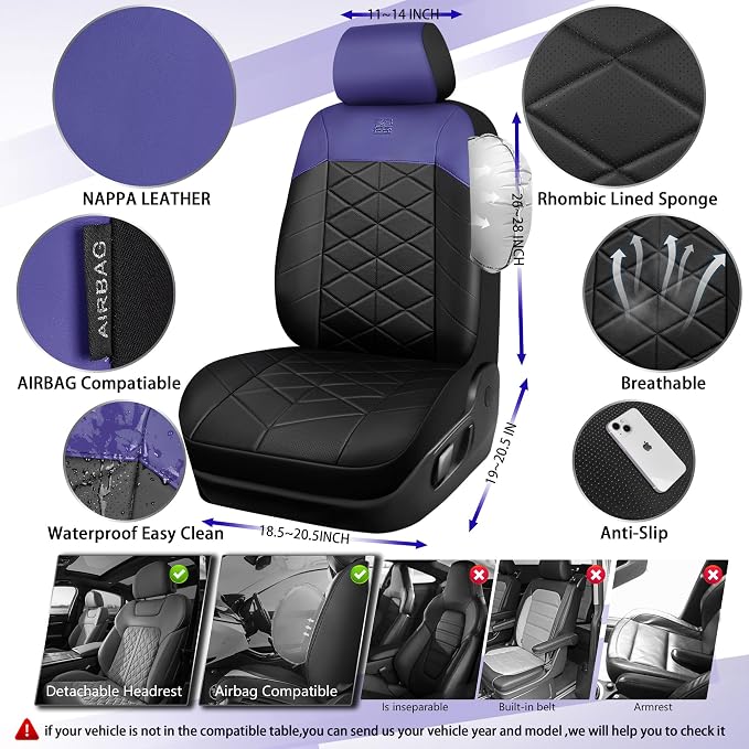 CAR PASS Memory Foam Leather Front Seat Covers, Waterproof Nappa Leather Seat Covers Front Seats Universal Fit for Cars,SUV,Truck Seat Covers Thick 3D Foam Comfortable, Airbag Compatible Black Blue