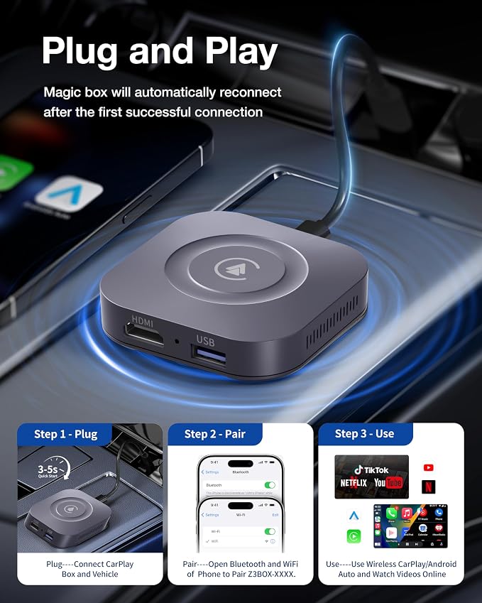 Magic Box 2026 Wireless CarPlay Adapter, AI Box Android Auto Supports Strea-ming Video for TikTok/YouTube, USB for Offline Media, Screen Mirroring Car Adapter for Factory Wired Car Play