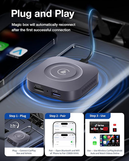 Magic Box 2026 Wireless CarPlay Adapter, AI Box Android Auto Supports Strea-ming Video for TikTok/YouTube, USB for Offline Media, Screen Mirroring Car Adapter for Factory Wired Car Play