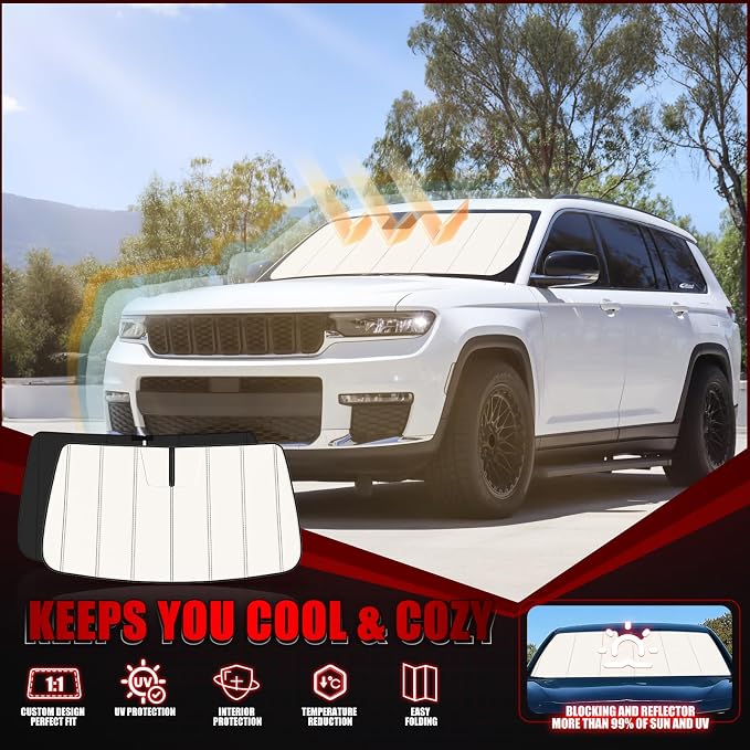 Windshield Sun Shade for Jeep Grand Cherokee 2022-2026, Front Window Visor Accessories, Folding Design Blocks Heat & UV Rays Maintain Cool Interior and Save Space